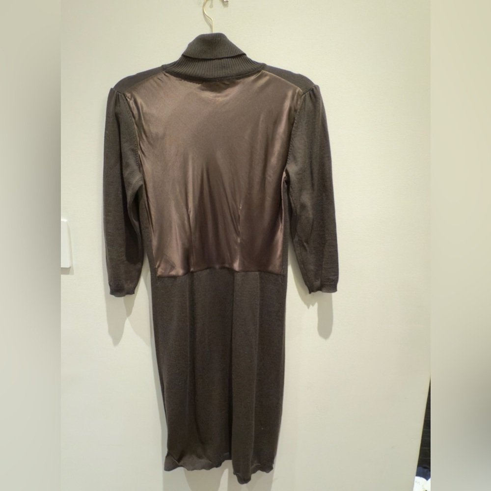 MaxMara Chocolate Brown Ribbed Knit Turtleneck Silk Panel Abitdo Dress Size M - Picture 4 of 7